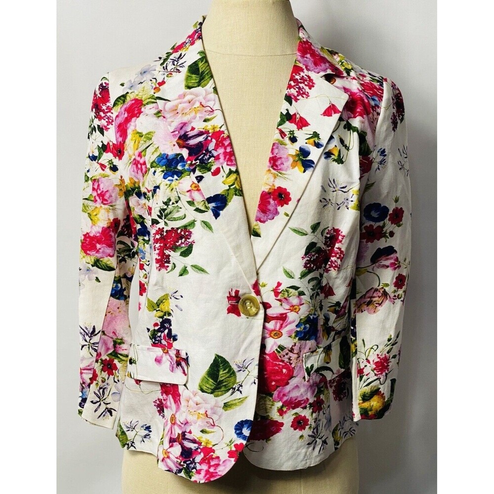 New Directions Women Petite Flowers Linen Blazer Size PS